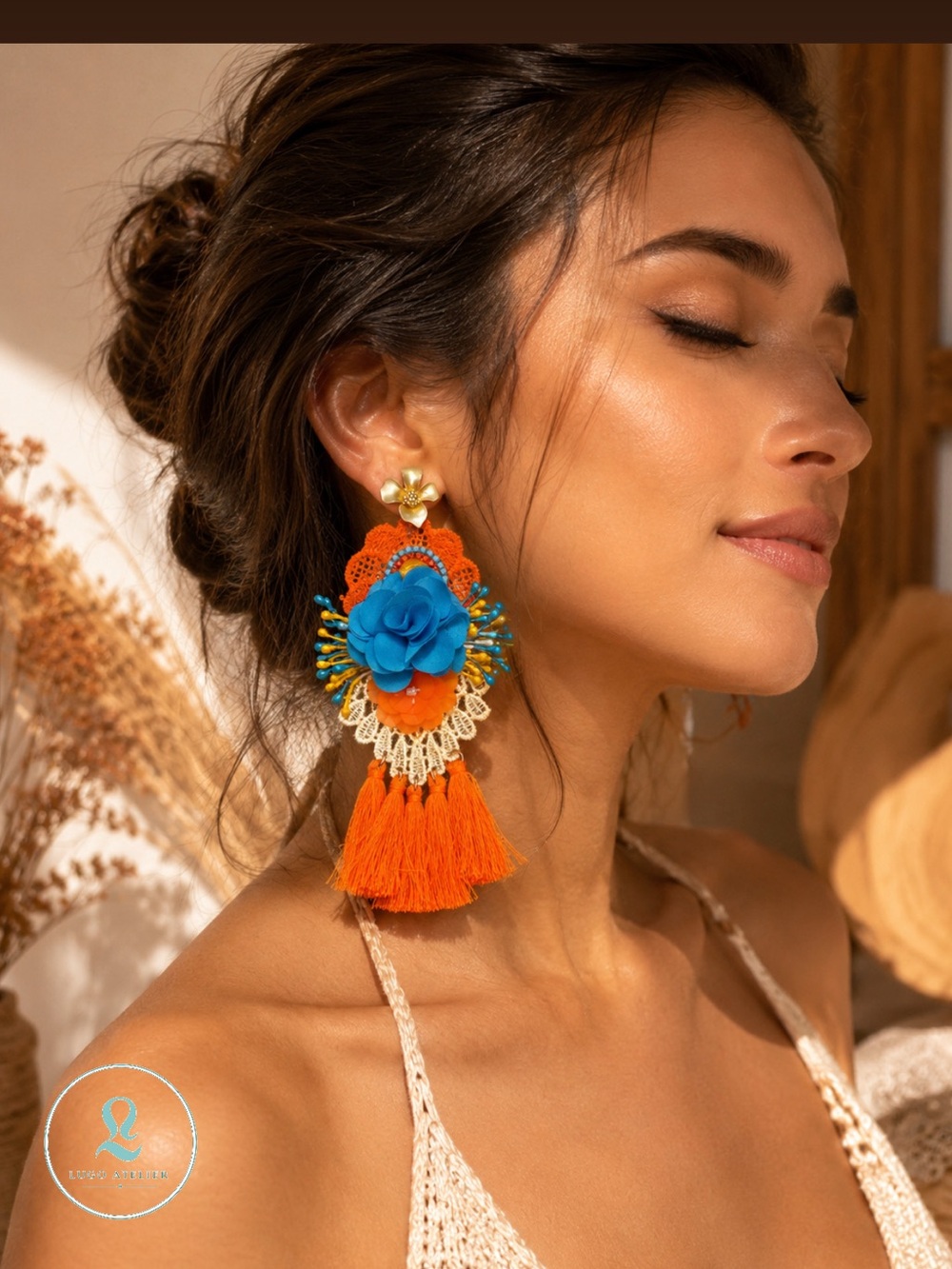 Handmade Orange & Blue Floral Tassel Earrings — Women Jewelry